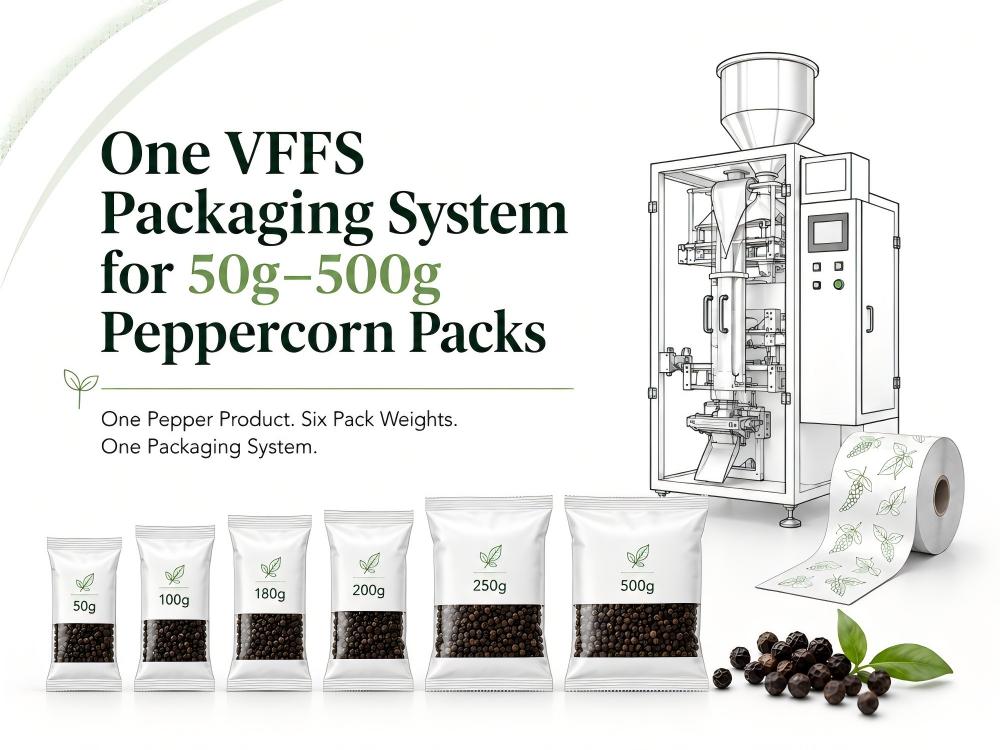 One VFFS Packaging System for 50g-500g Peppercorn Packs One VFFS Packaging System for 50g-500g Peppercorn Packs
