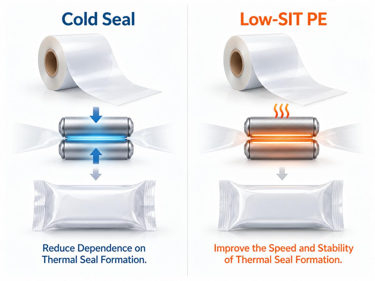 Cold seal reduces dependence on thermal seal formation while Low-SIT PE optimizes heat sealing Cold seal reduces dependence on thermal seal formation while Low-SIT PE optimizes heat sealing