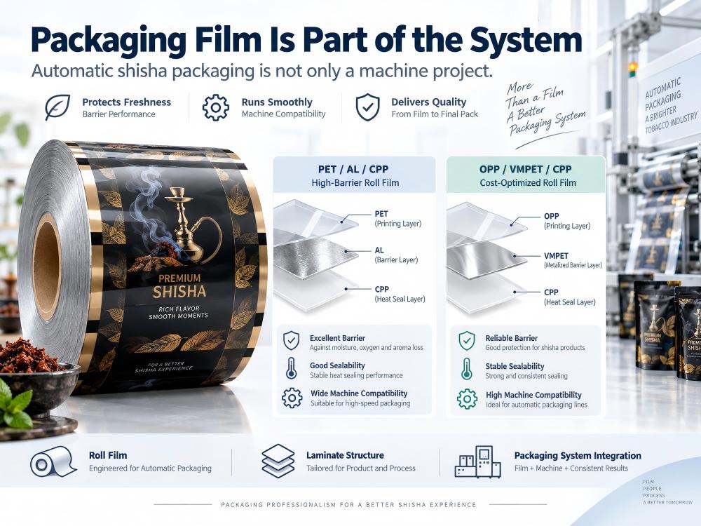 Shisha packaging roll film with PET AL CPP and OPP VMPET CPP laminate structures Embalažna folija za šišo z laminatno strukturo PET AL CPP in OPP VMPET CPP