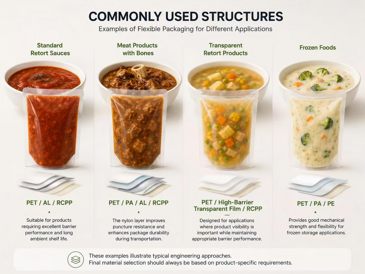 Common structural choices for sealed food packaging Common structural choices for sealed food packaging
