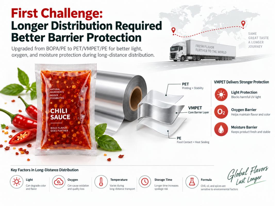 Chili sauce packaging barrier upgrade from BOPAPE to PETVMPETPE Chili sauce packaging barrier upgrade from BOPAPE to PETVMPETPE