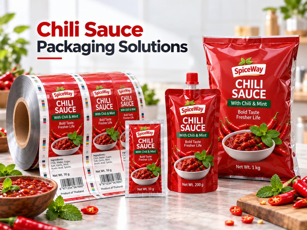 Chili sauce packaging solutions including printed roll film, small sachet, spout pouch and commercial four-side-seal pouch. Chili sauce packaging solutions including printed roll film, small sachet, spout pouch and commercial four-side-seal pouch.