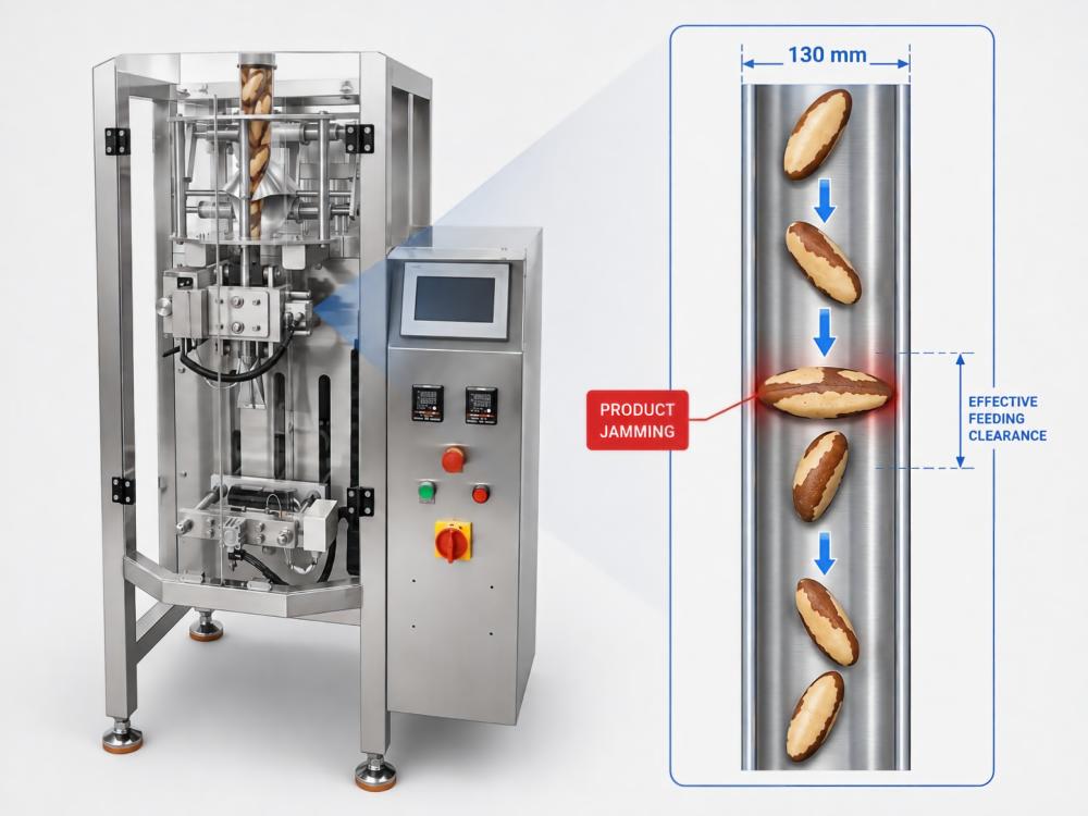 Why a narrow forming tube can create a bridging and jamming risk for elongated Brazil nuts Why a narrow forming tube can create a bridging and jamming risk for elongated Brazil nuts