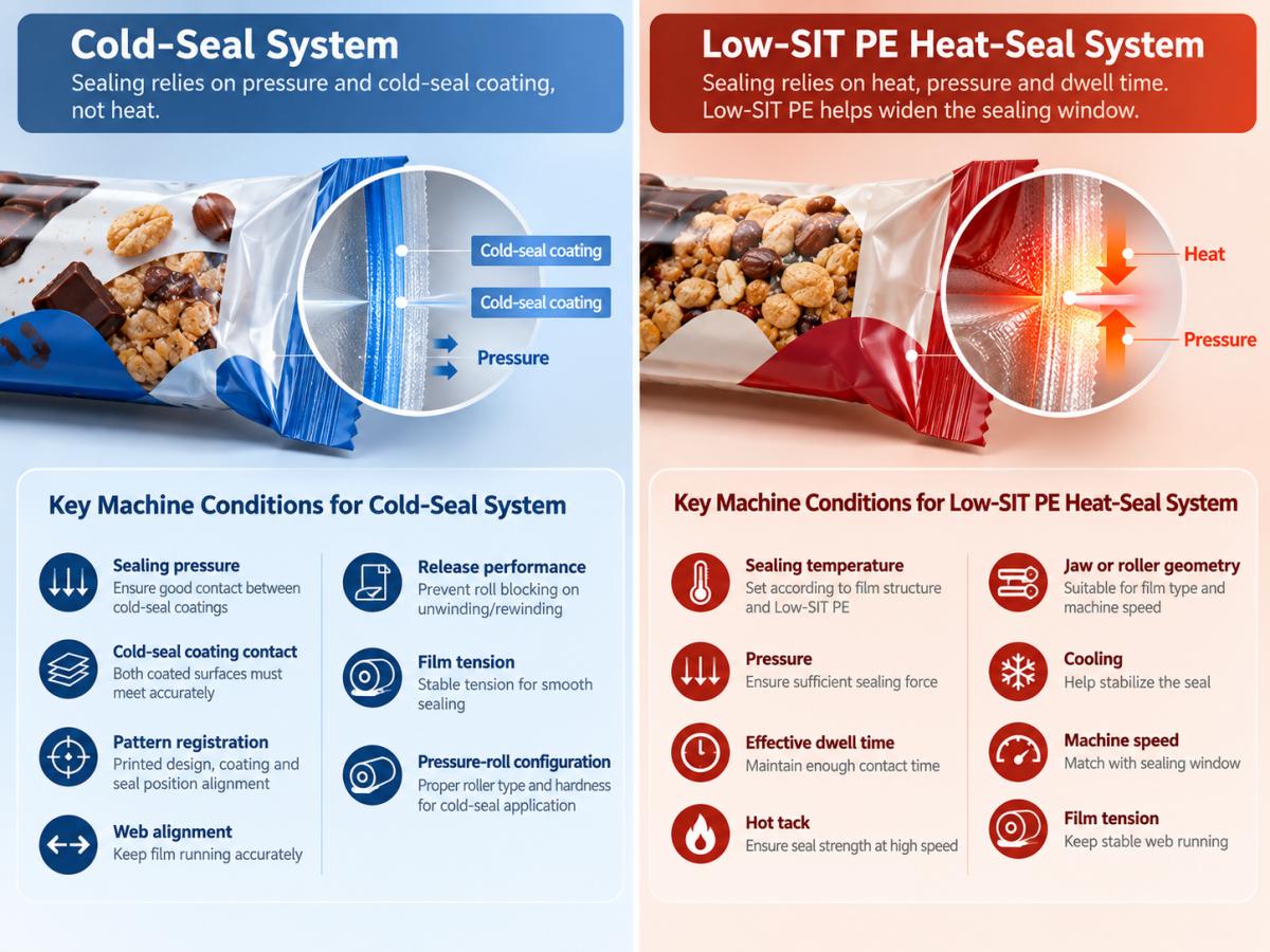 Cold-seal and Low-SIT PE require different machine conditions and sealing parameters Cold-seal and Low-SIT PE require different machine conditions and sealing parameters