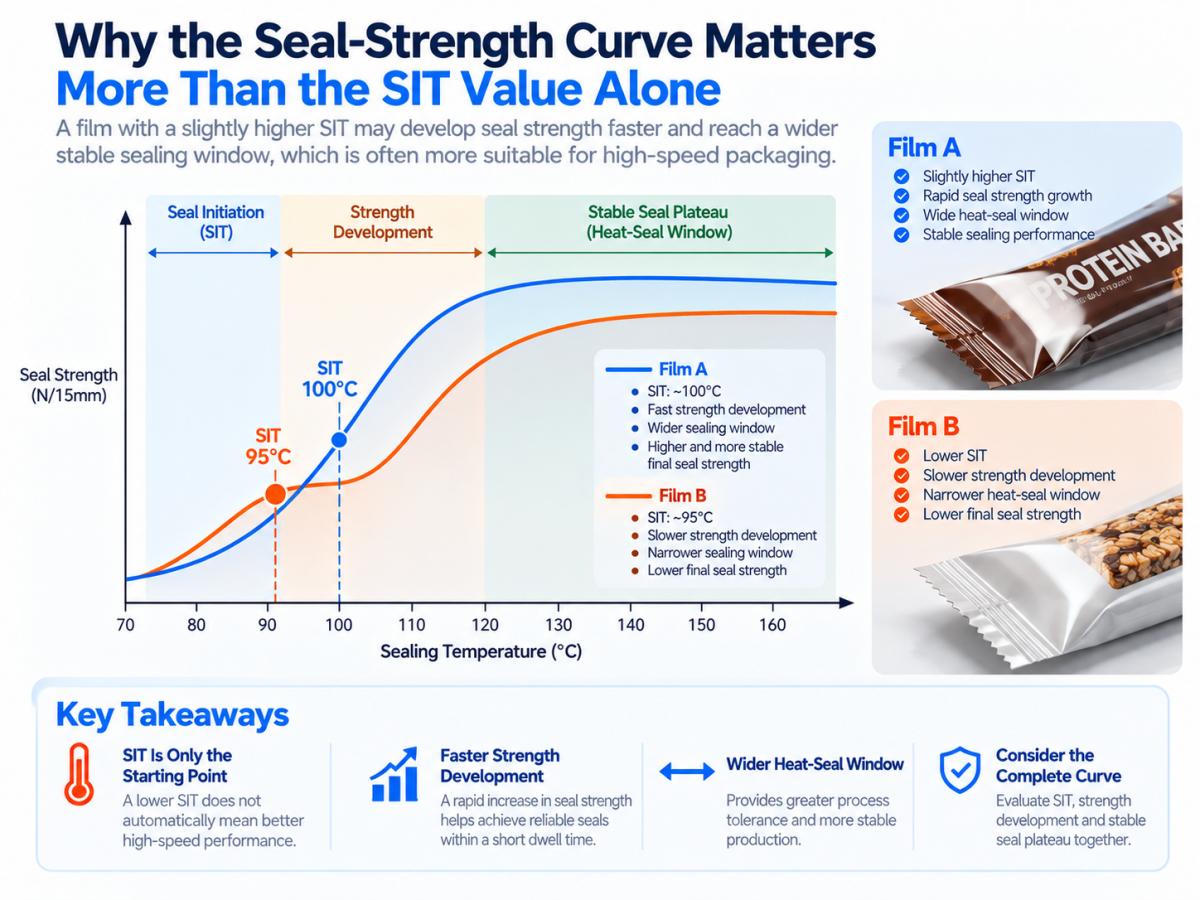Seal strength curve showing why Low-SIT PE should not be evaluated by SIT alone Seal strength curve showing why Low-SIT PE should not be evaluated by SIT alone
