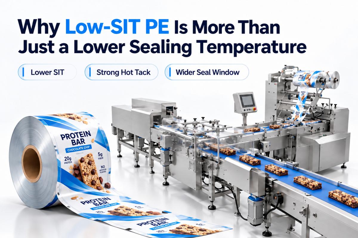 Low-SIT PE film and HFFS packaging machine for high-speed protein bar packaging with lower SIT, strong hot tack and wider seal window Low-SIT PE film and HFFS packaging machine for high-speed protein bar packaging with lower SIT, strong hot tack and wider seal window