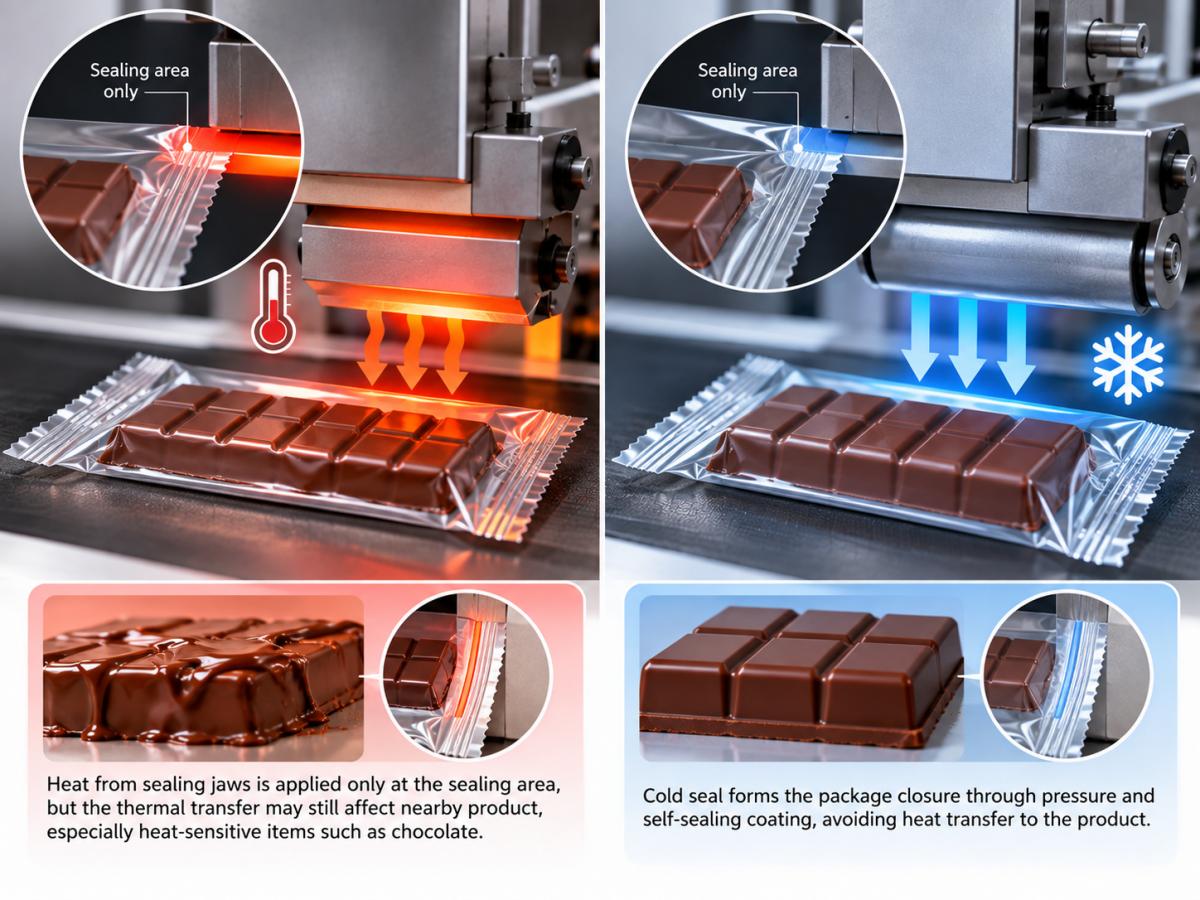 Cold seal protects heat-sensitive chocolate by sealing only the package seal area without thermal exposure Cold seal protects heat-sensitive chocolate by sealing only the package seal area without thermal exposure