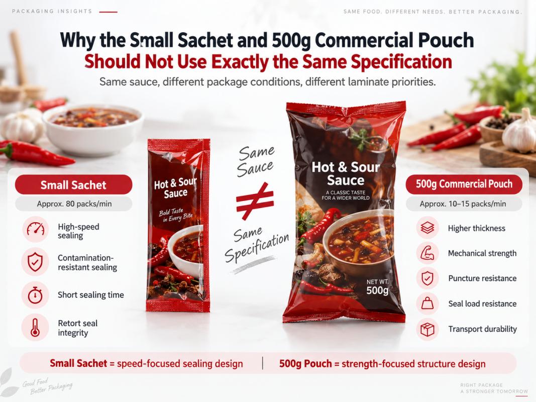 80 packs per minute three-side-seal sauce sachet compared with 500g four-side-seal commercial sauce packaging requiring higher me