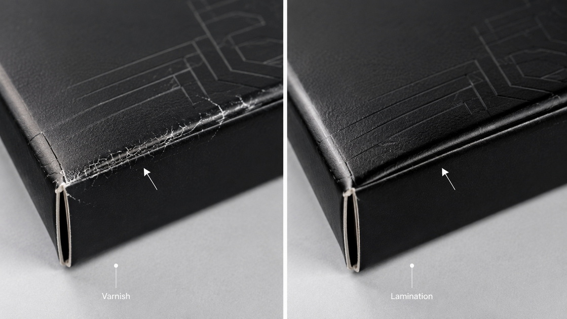 Fold Cracking Lamination Vs Varnish Close Up