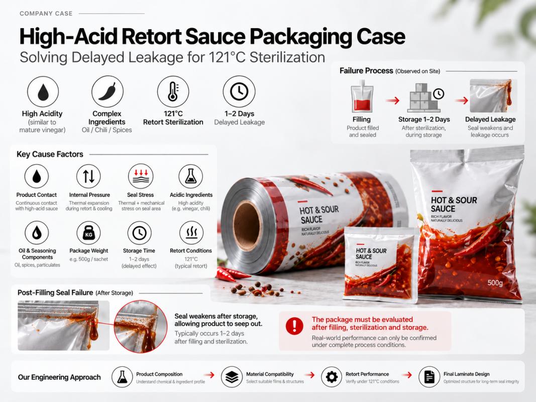 Delayed leakage after filling in high-acid sauce packaging under 121&deg;C retort and storage conditions