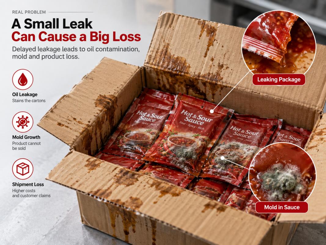 Leaking hot and sour sauce pouch causing oil-stained carton and product spoilage risk